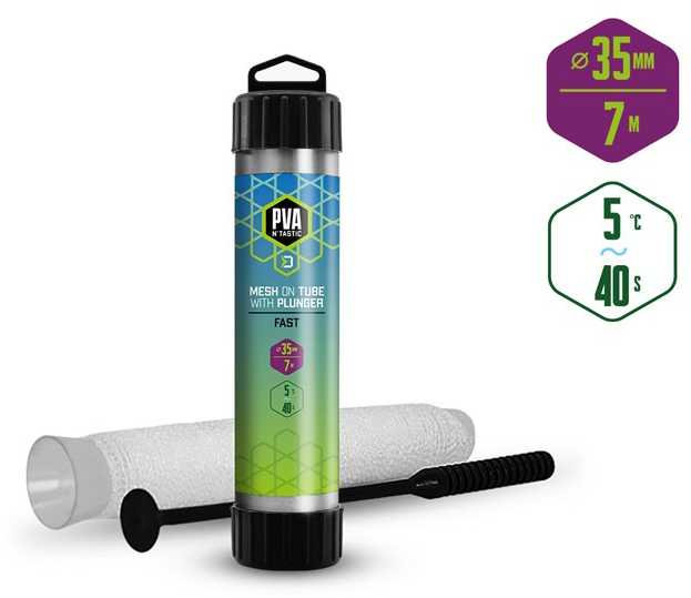 Greitai tirpstantis PVA tinklelis - kojinė Delphin PVA n’tastic QUICK, TUBE+PLUNGER, 7 m/35 mm