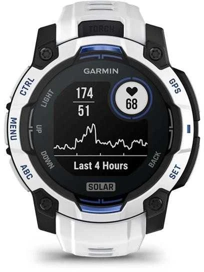Išmanusis laikrodis Garmin Instinct® 3 – 45 mm, Solar, Baltojo akmens spalvos su baltojo akmens spalvos / mėlynu dirželiu