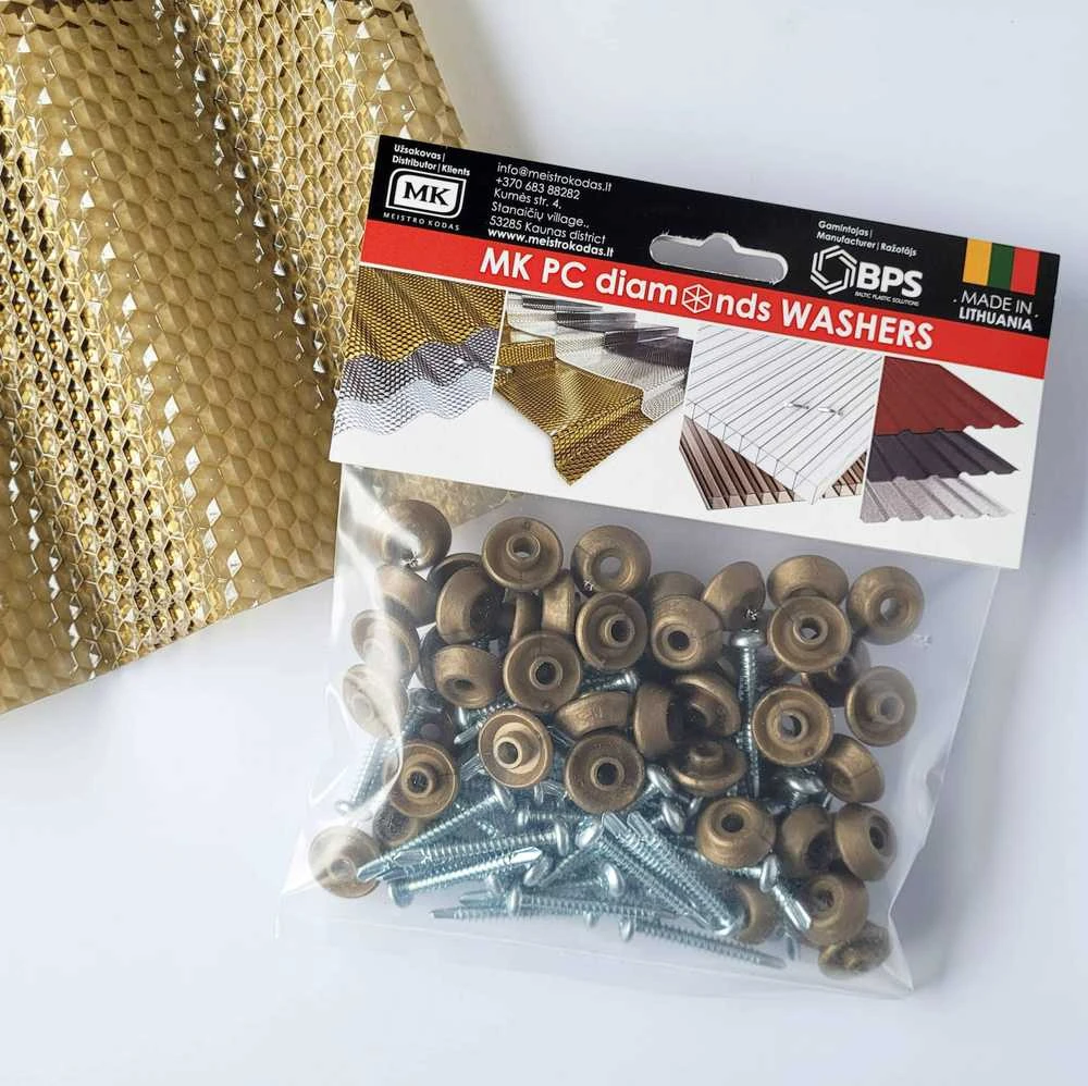 Baltic Plastic Solutions Tvirtinimo varžtai į medį su tarpine M5 x 50 mm MK PC DIAMONDS (3 spalvos) - Bronzinė