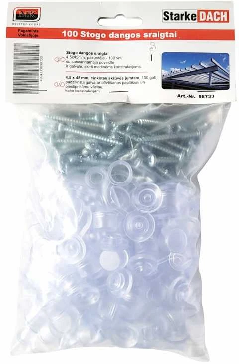 Starkedach Tvirtinimo varžtai į medį, 4,5 x 45mm su sandarinamąja poveržle ir kepurėle, po 100 vnt