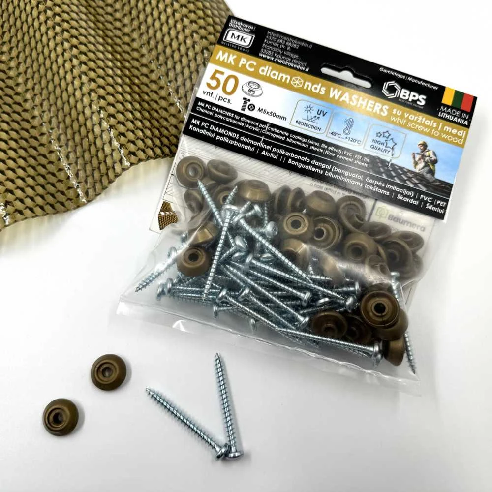 Baltic Plastic Solutions Tvirtinimo varžtai į medį su tarpine M5 x 50 mm MK PC DIAMONDS (3 spalvos) - Bronzinė