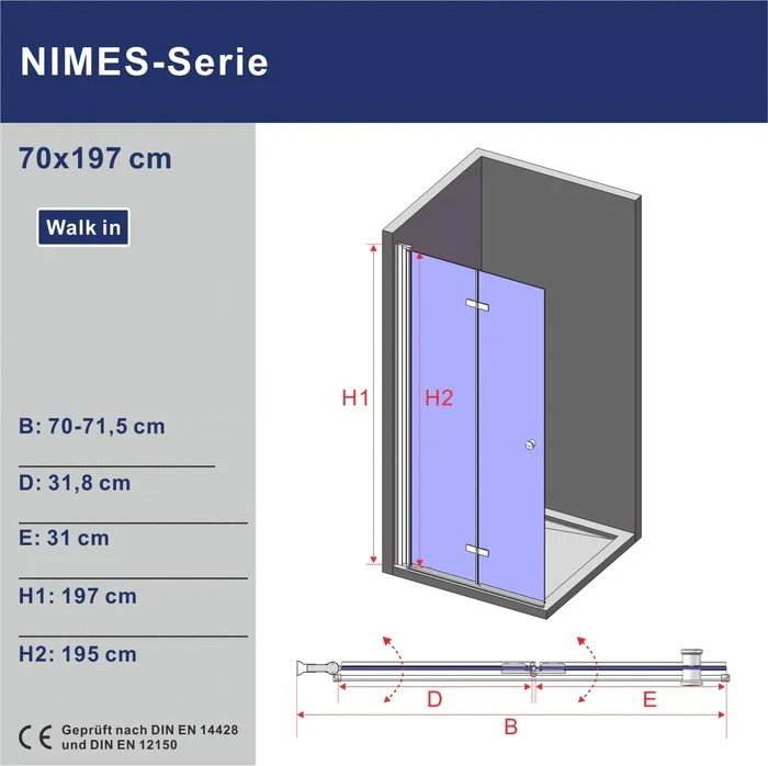 Dušo sienelė AQUABATOS Nimes Walk-in 70x197