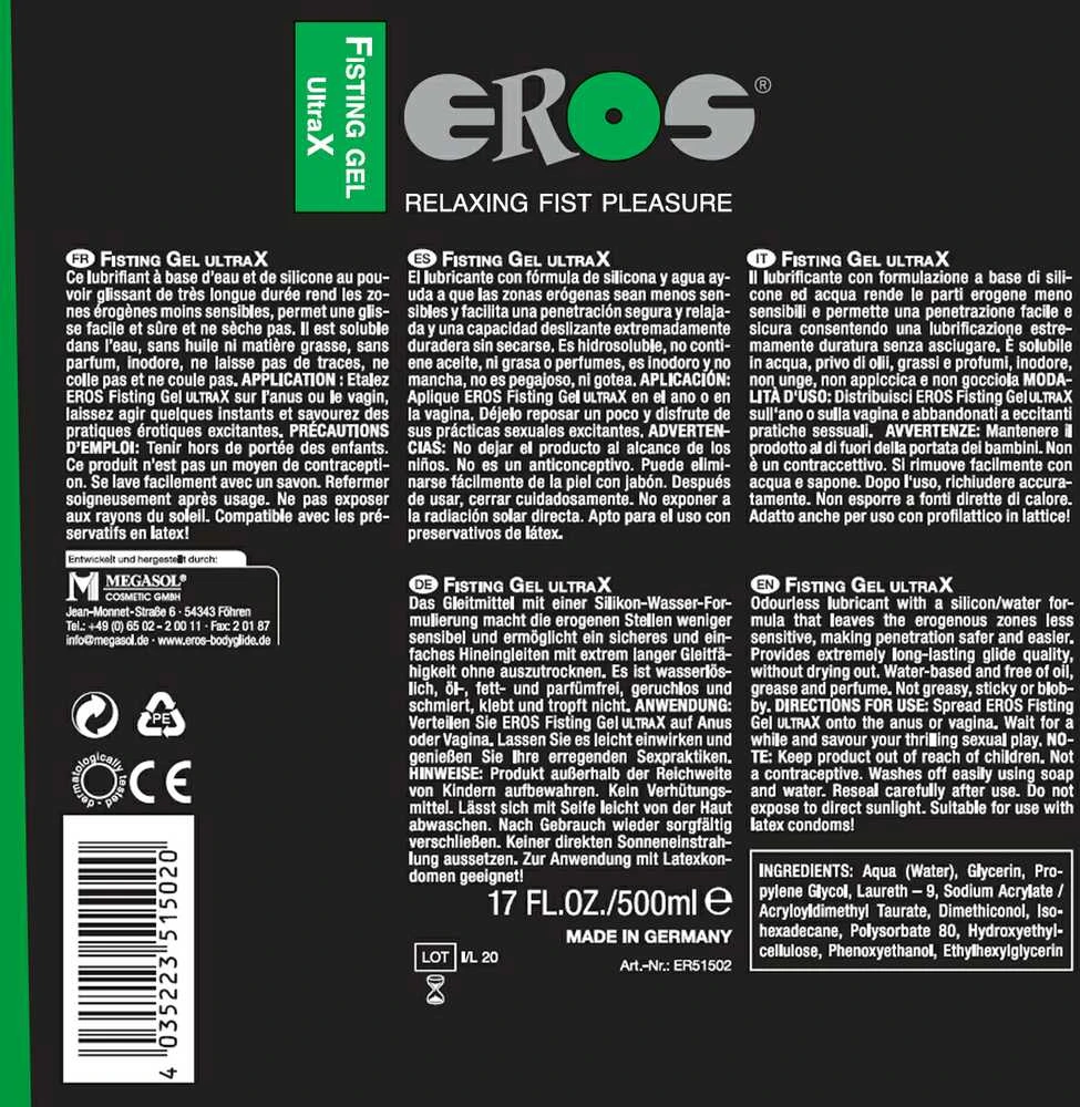 Eros Fisting Gel UltraX Silikono pagrindo lubrikantas, 500 ml