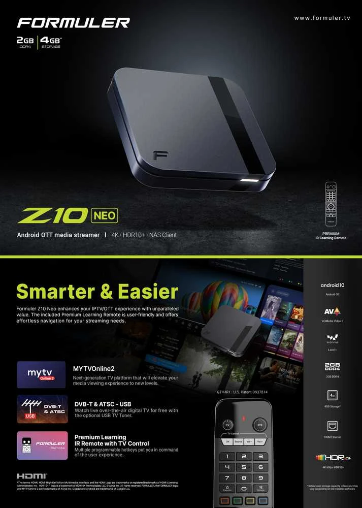 Formuler Z10 NEO 4K Android 10 OTT IPTV imtuvas