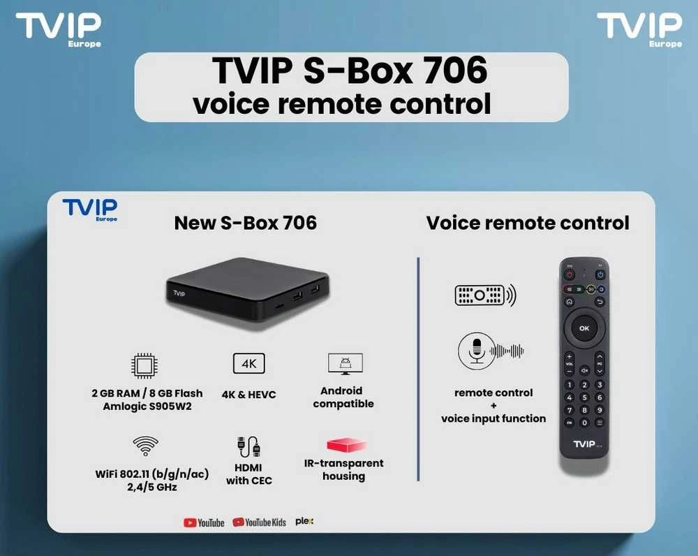 TVIP S-Box v.706 BTV Voice 4K UHD Android 11 IPTV imtuvas