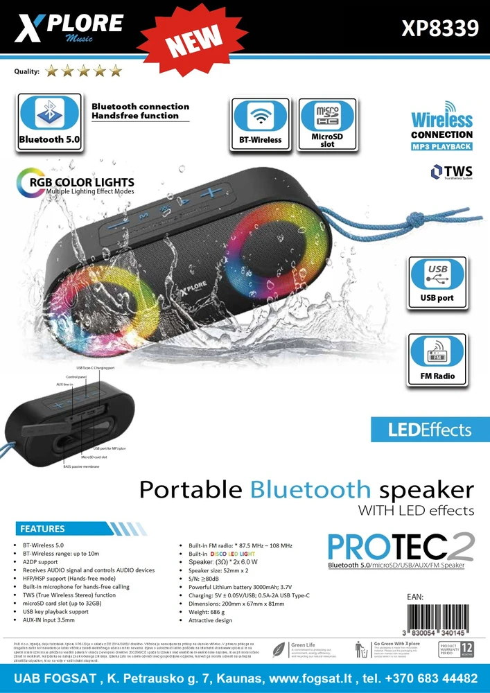 XPLORE XP8339 Protect2 BLUETOOTH nešiojamas garsiakalbis