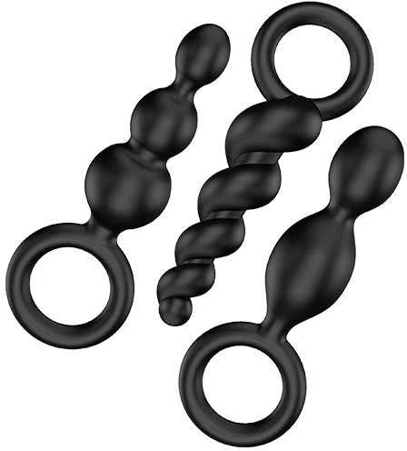 „Satisfyer Booty Call“ analinių kamštukų rinkinys su stimuliuojančia Juodo struktūra