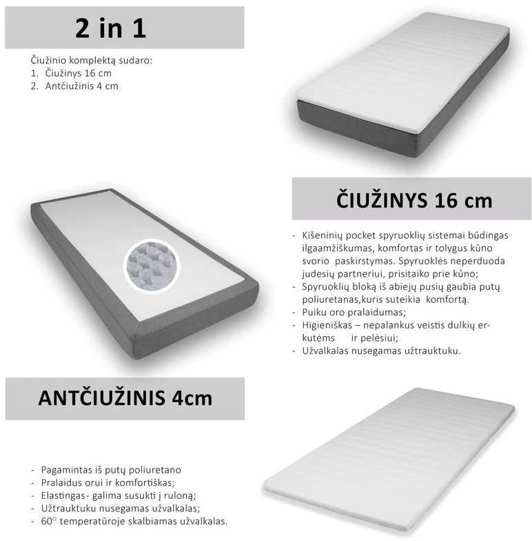 Čiužinys Dream Comfort Pocket, 90x200x20 cm