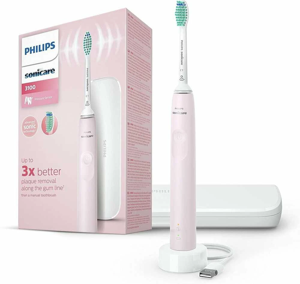 Philips Sonicare 3100 rožinis šepetėlis su kelioniniu dėklu