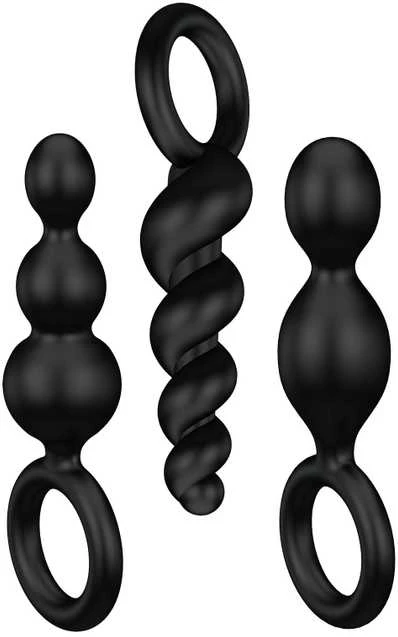 „Satisfyer Booty Call“ analinių kamštukų rinkinys su stimuliuojančia Juodo struktūra