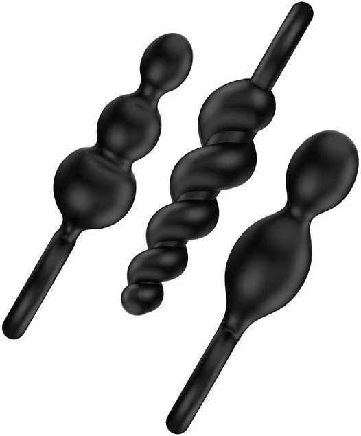 „Satisfyer Booty Call“ analinių kamštukų rinkinys su stimuliuojančia Juodo struktūra
