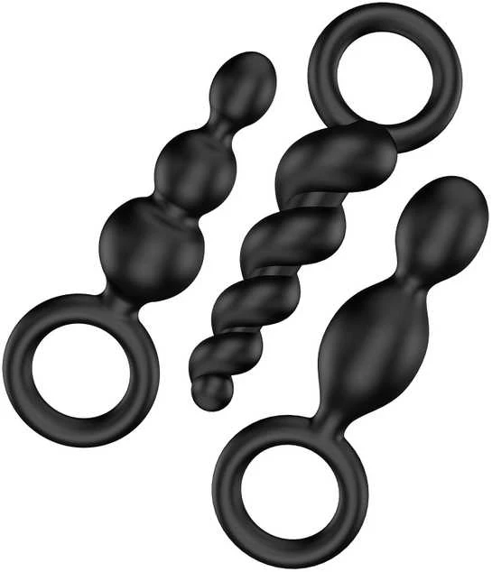 „Satisfyer Booty Call“ analinių kamštukų rinkinys su stimuliuojančia Juodo struktūra