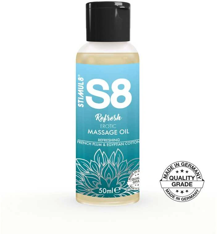 Stimul8 S8 S8 masažinis aliejus 50 ml prancūziškų slyvų ir egiptietiškos medvilnės