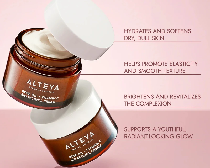Ekologiškas LUMINOUS ROSE BIO RETINOL veido kremas - rožių aliejus + vitaminas C, 50 ml