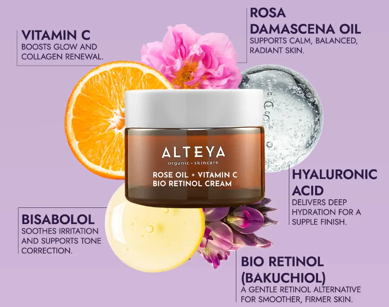 Ekologiškas LUMINOUS ROSE BIO RETINOL veido kremas - rožių aliejus + vitaminas C, 50 ml