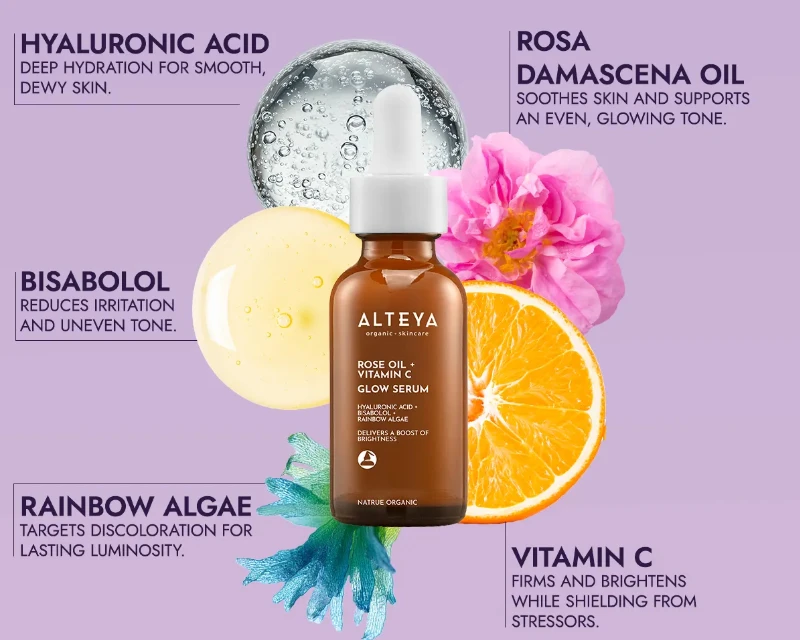 Ekologiškas LUMINOUS ROSE GLOW serumas - rožių aliejus + vitaminas C, 30 ml