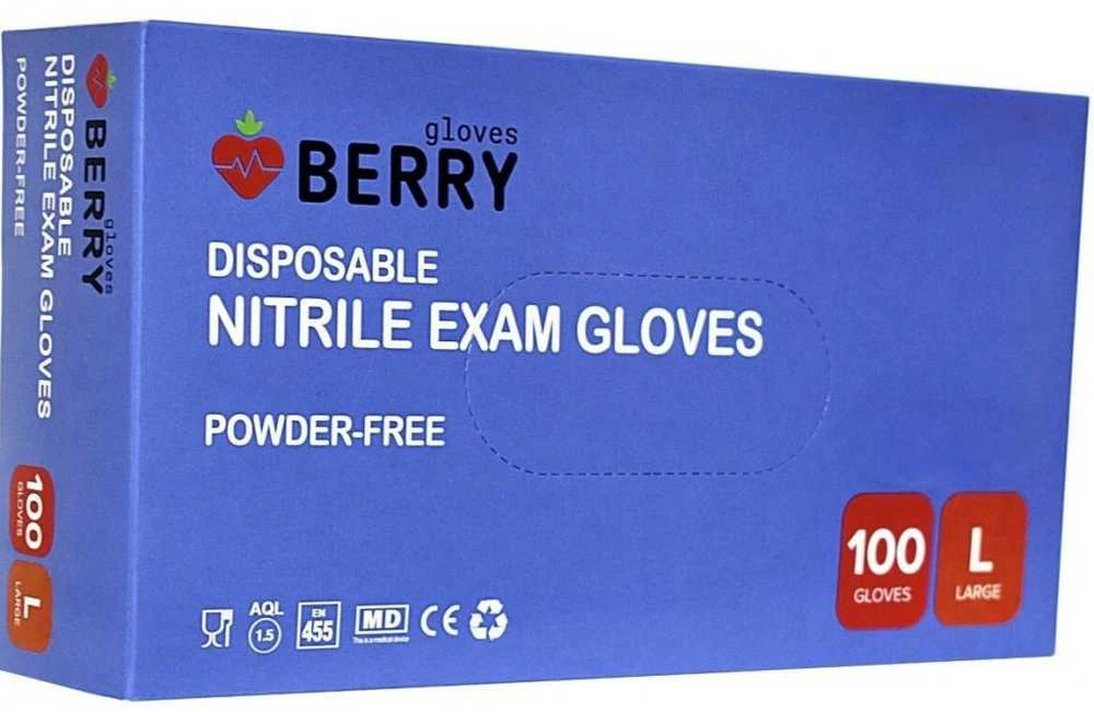 Blue Mėlyna Vienkartinės nitrilinės pirštinės BERRY Mėlyna, L dydis, mėlynos sp., be pudros, 100 vnt.
