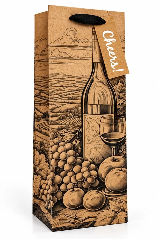 Dovanų maišelis buteliui CHEERS!, 125x345x100mm, su kortele vardui ar sveikinimui