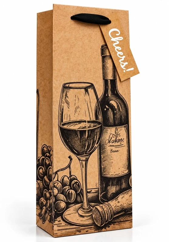 Dovanų maišelis buteliui CHEERS!, 125x345x100mm, su kortele vardui ar sveikinimui