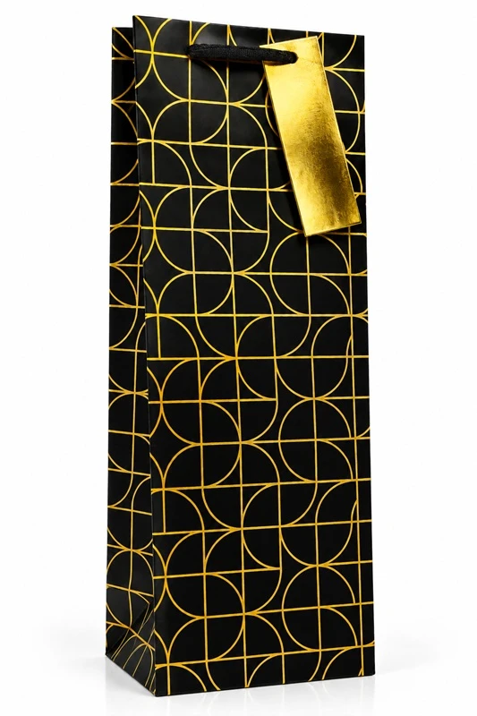 Dovanų maišelis buteliui Juodas & GOLD, 125x345x100mm, su kortele vardui ar sveikinimui