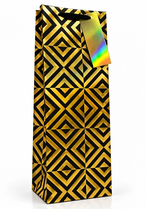 Dovanų maišelis buteliui Juodas & GOLD, 125x345x100mm, su kortele vardui ar sveikinimui