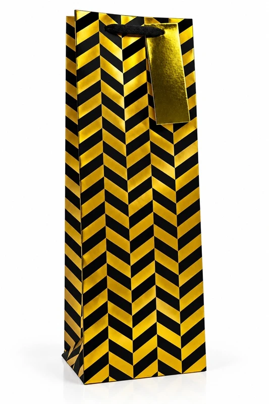 Dovanų maišelis buteliui Juodas & GOLD, 125x345x100mm, su kortele vardui ar sveikinimui