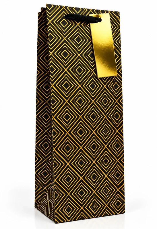 Dovanų maišelis buteliui Juodas & GOLD, 125x345x100mm, su kortele vardui ar sveikinimui