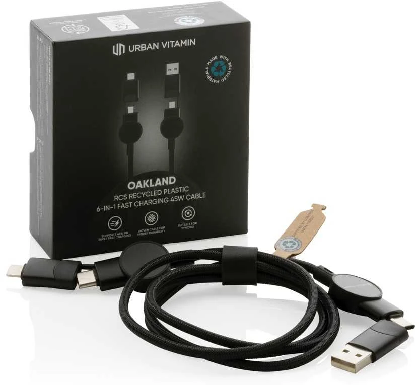 Greito įkrovimo laidas OAKLAND, Urban Vitamin, 6-in-1, 45W, 120 cm, juodos sp.