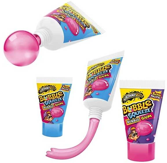 Įvairių vaisių skonio išspaudžiama kramtomoji guma JOHNY BEE Bubble Squeeze, 30 g