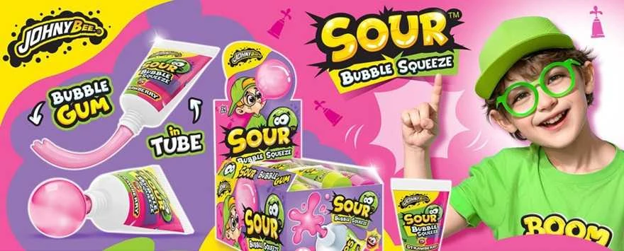 Įvairių vaisių skonio išspaudžiama kramtomoji guma JOHNY BEE Bubble Squeeze, 30 g