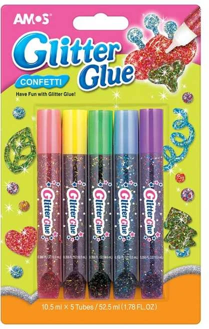 Klijų su blizgučiais rinkinys CONFETTI GCF10B5, Amos, 5 spalvos po 10,5ml