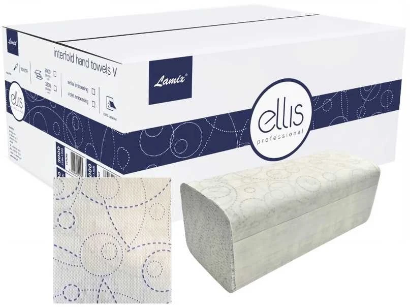 Lapiniai popieriniai rankšluosčiai ELLIS Professional V, 150 lapelių, 2 sl., baltos/violetinės sp., celiuliozė
