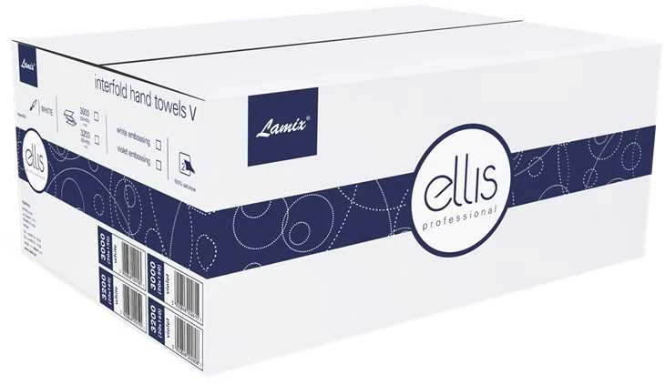 Lapiniai popieriniai rankšluosčiai ELLIS Professional V, 150 lapelių, 2 sl., baltos/violetinės sp., celiuliozė