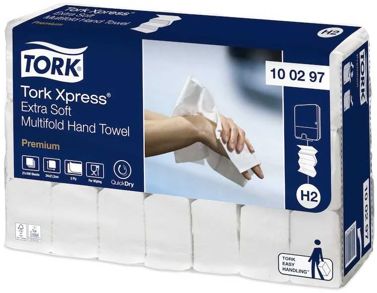 Rankų valymo popierius TORK PREMIUM EXTRA SOFT, H2 100297, 2 sl.,100 serv., 21.2 x 34 cm, balta sp.