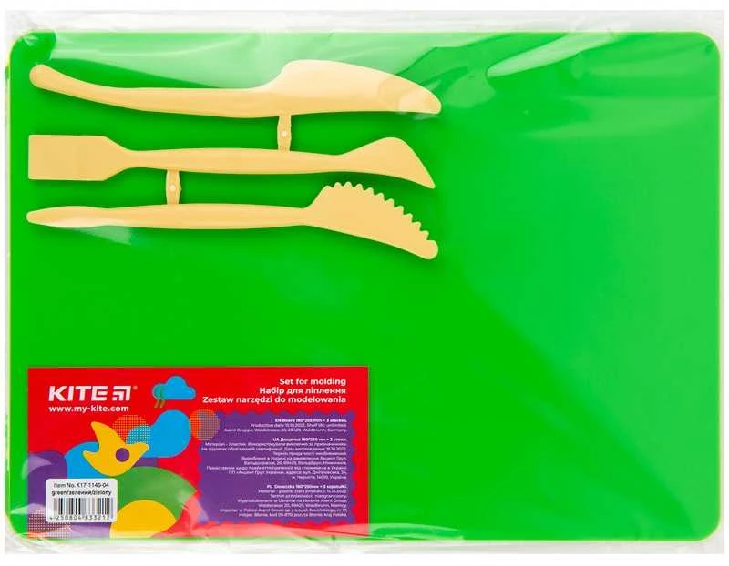 Lentelė plastilinui KITE, 250x180mm, su 3 įrankiais, žalios sp.