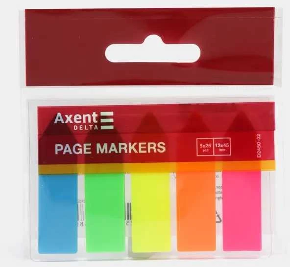 Plastikiniai indeksai-žymekliai AXENT Delta,12x45mm, 125 lapeliai, rodyklės formos, 5 neoninės sp.