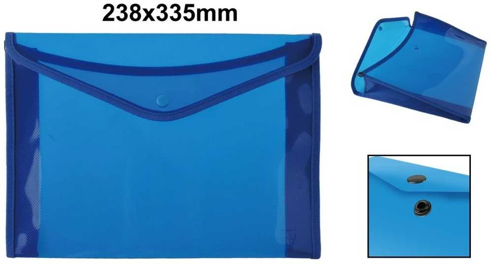 Plastikinis apsiūtas vokas su spaustuku MP, A4, 400 mkr, su praplatėjimu, permatomas, 4 sp.