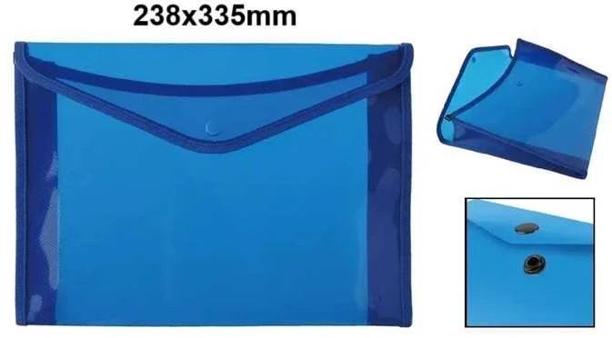 Plastikinis apsiūtas vokas su spaustuku MP, A4, 400 mkr, su praplatėjimu, permatomas, 4 sp.