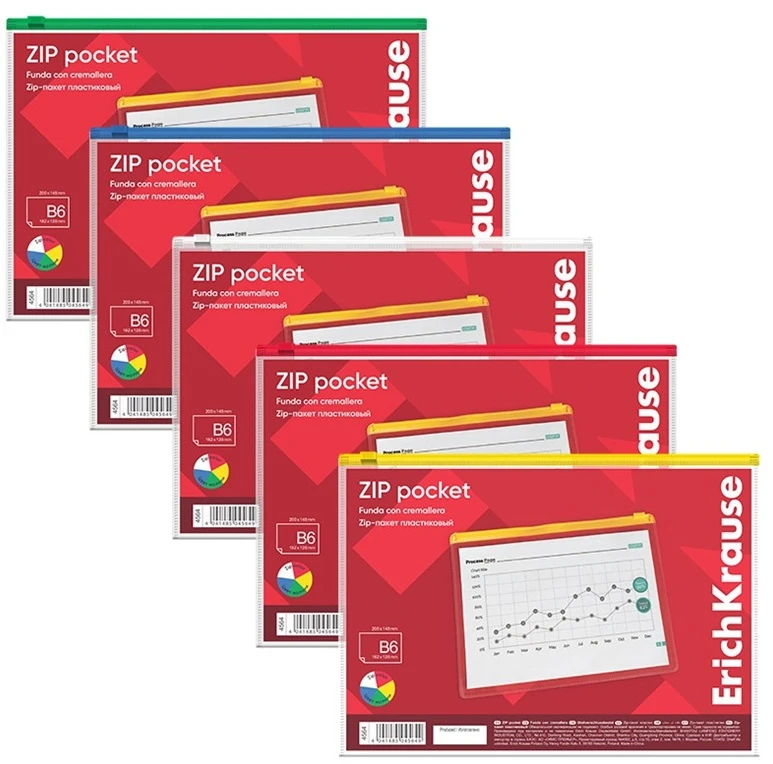 Plastikinis vokas su užtrauktuku ZIP POCKET, ErichKrause, B6, 140 mkr, skaidrus, su spalvotu užtrauktuku