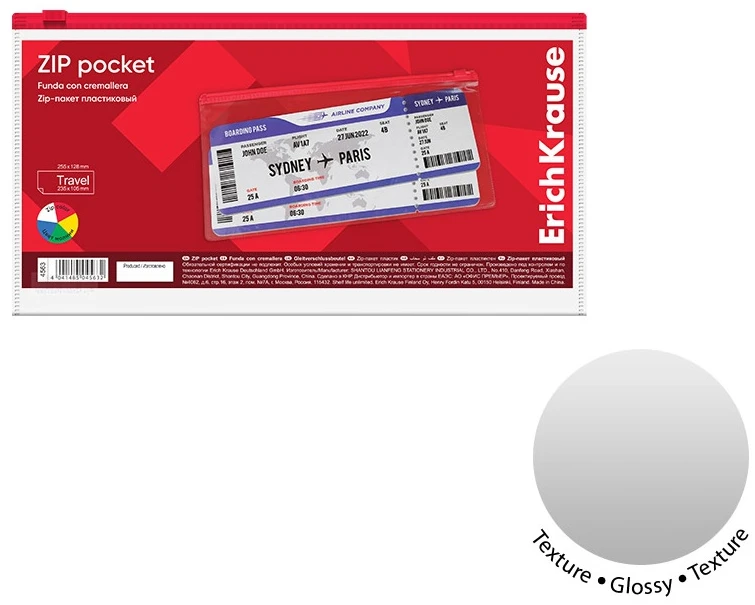 Plastikinis vokas su užtrauktuku ZIP POCKET, ErichKrause, TRAVEL (255x128 mm), 140 mkr, skaidrus, su spalvotu užtrauktuku