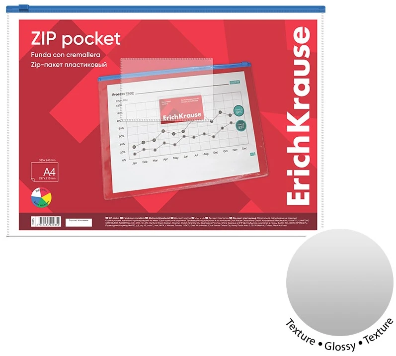 Plastikinis vokas su užtrauktuku ZIP POCKET, ErichKrause, A4, 140 mkr, skaidrus, su spalvotu užtrauktuku