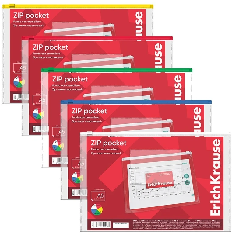Plastikinis vokas su užtrauktuku ZIP POCKET, ErichKrause, A5, 140 mkr, skaidrus, su spalvotu užtrauktuku