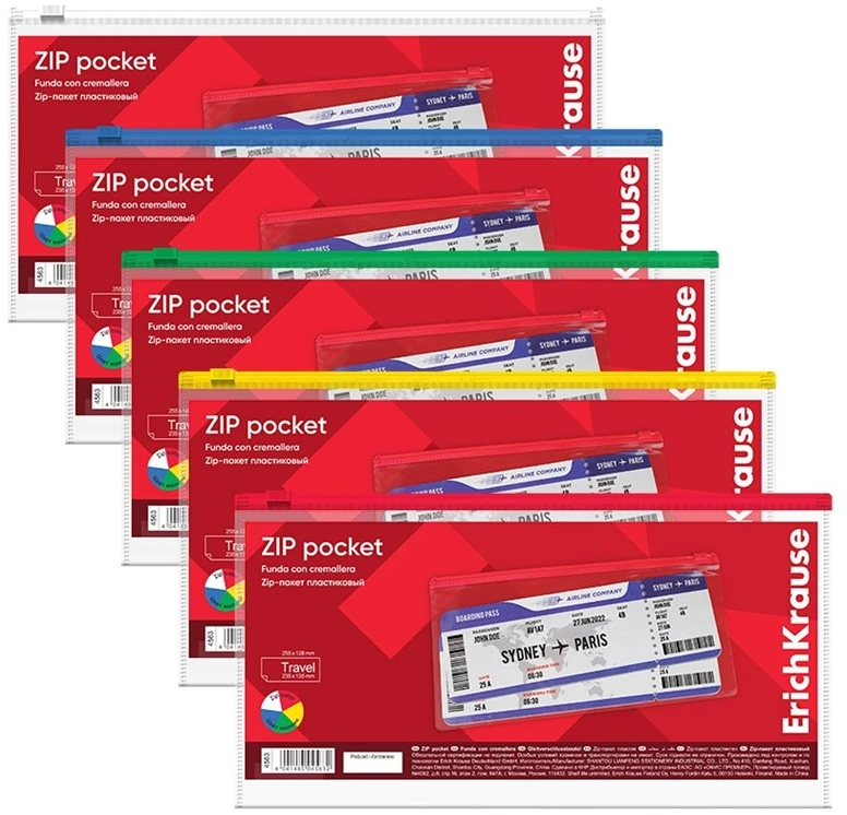 Plastikinis vokas su užtrauktuku ZIP POCKET, ErichKrause, TRAVEL (255x128 mm), 140 mkr, skaidrus, su spalvotu užtrauktuku