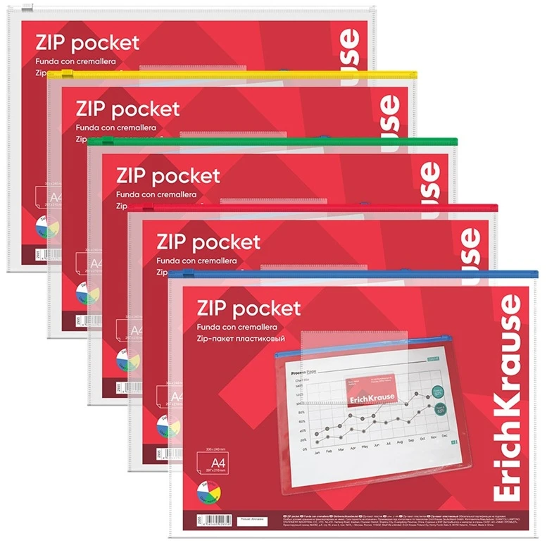 Plastikinis vokas su užtrauktuku ZIP POCKET, ErichKrause, A4, 140 mkr, skaidrus, su spalvotu užtrauktuku