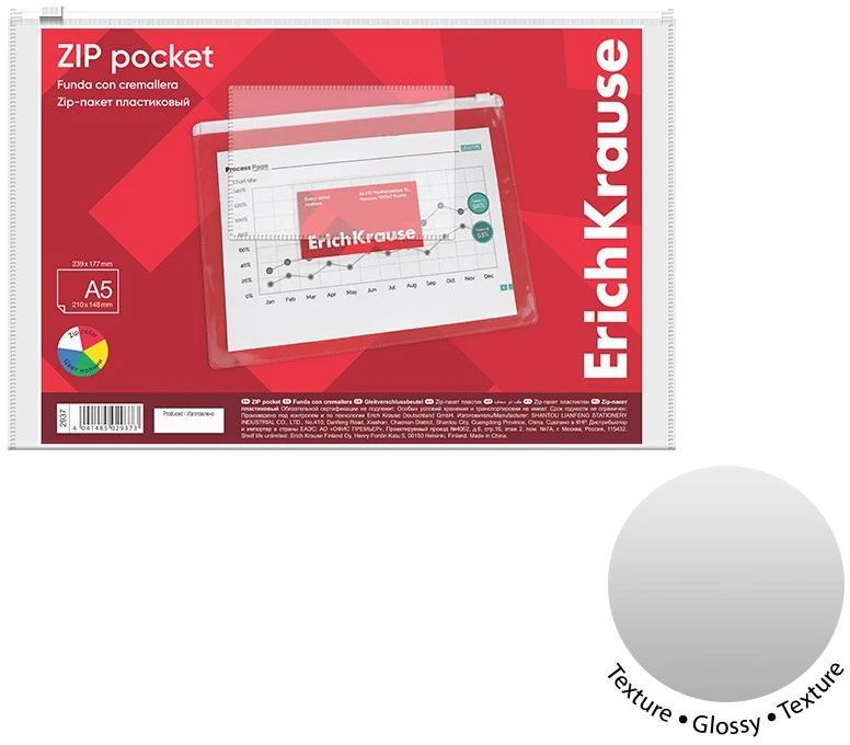 Plastikinis vokas su užtrauktuku ZIP POCKET, ErichKrause, A5, 140 mkr, skaidrus, su spalvotu užtrauktuku