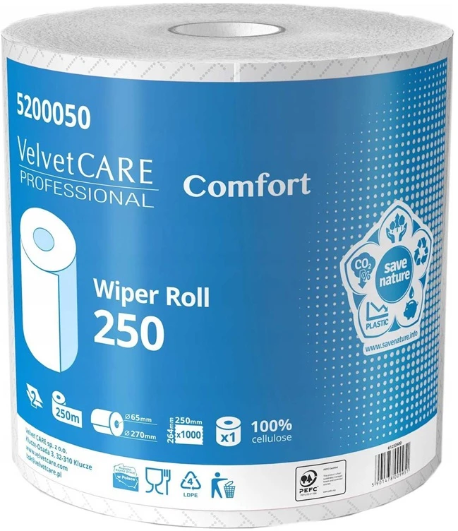 Popieriniai rankšluosčiai VELVET CARE Professional Comfort, rulone, 250 m, 2 sl., celiuliozė