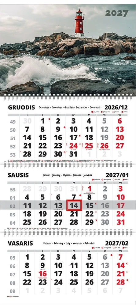 Sieninis pakabinamas kalendorius TRIPLE Švyturys, 310x750mm, trijų dalių, 2027 m.