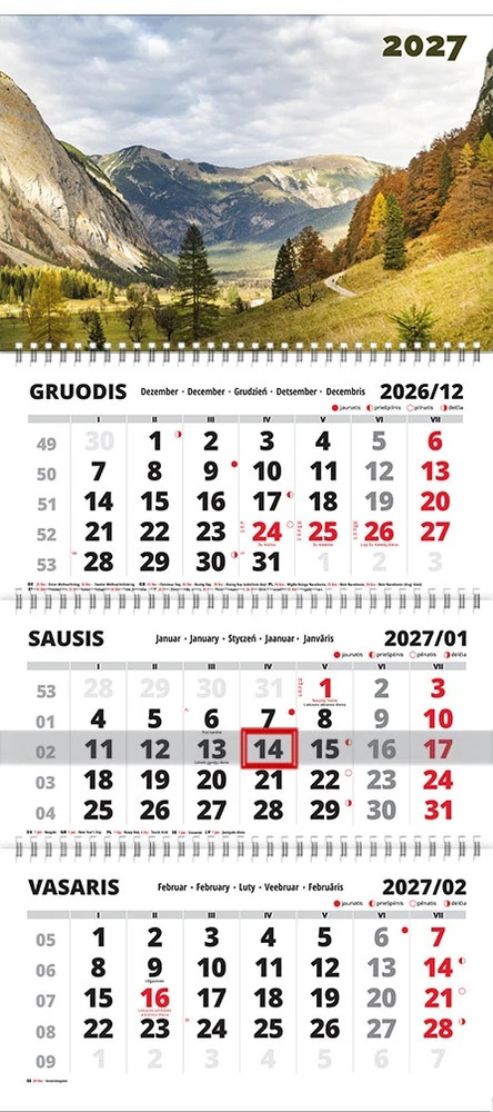 Sieninis pakabinamas kalendorius TRIPLE Kalnai, 310x750mm, trijų dalių, 2027 m.