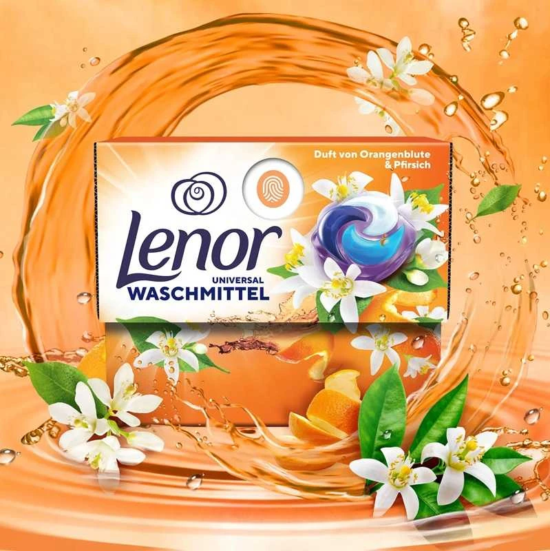 Orange Skalbimo kapsulės LENOR All in 1 Universal Oranžinis Blossom & Peach, 19 vnt.