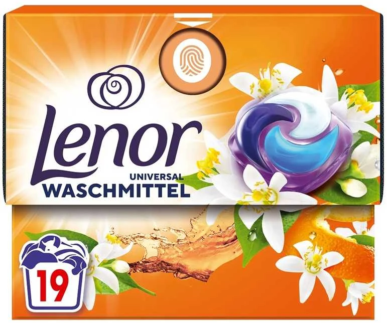 Orange Skalbimo kapsulės LENOR All in 1 Universal Oranžinis Blossom & Peach, 19 vnt.